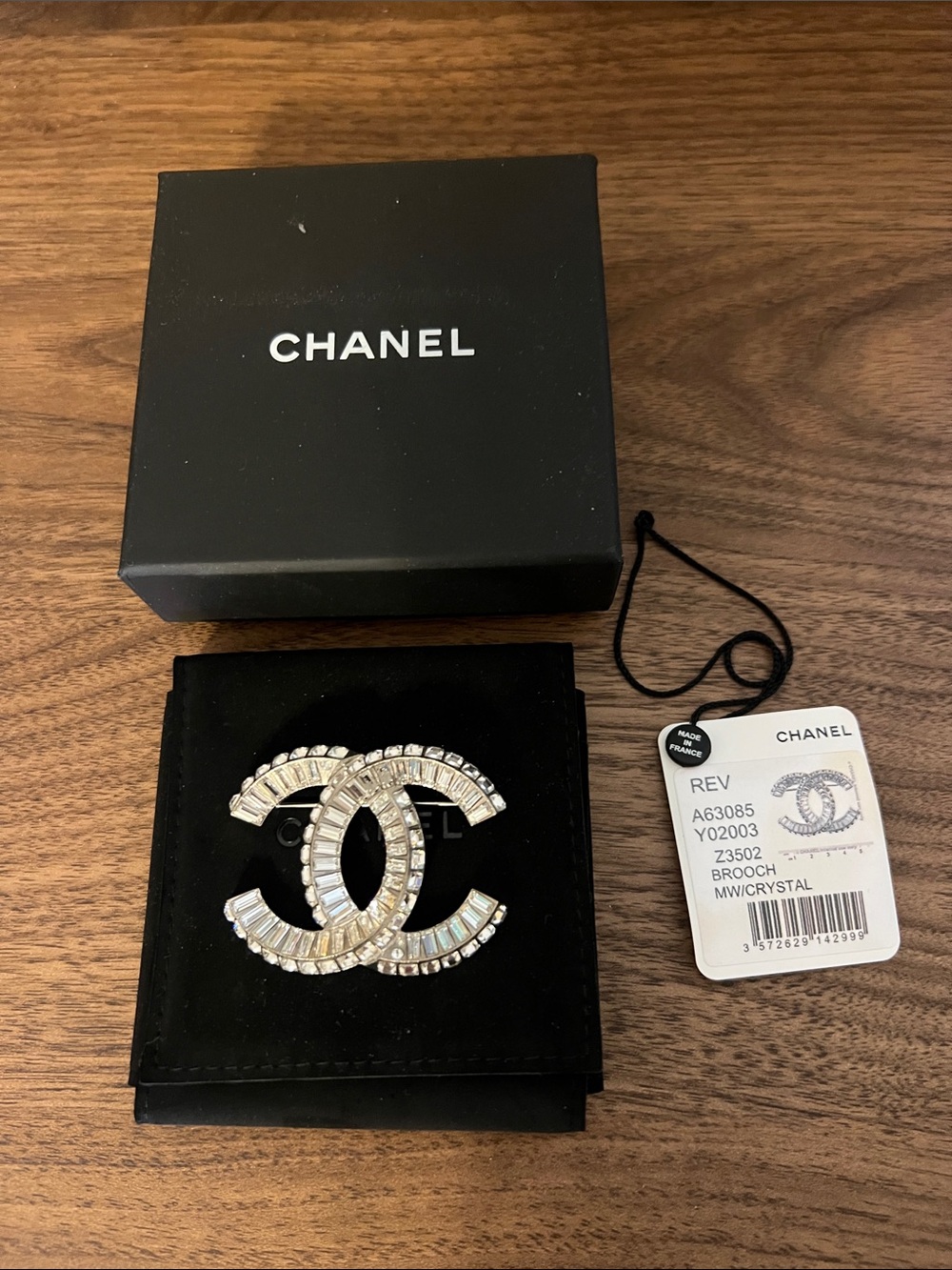 CHANEL Silver Crystal CC Logo Brooch